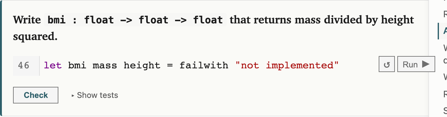 An inline code-completion quiz: a prompt to write a bmi function, a stub cell with a Run button, and a Check button that runs hidden tests