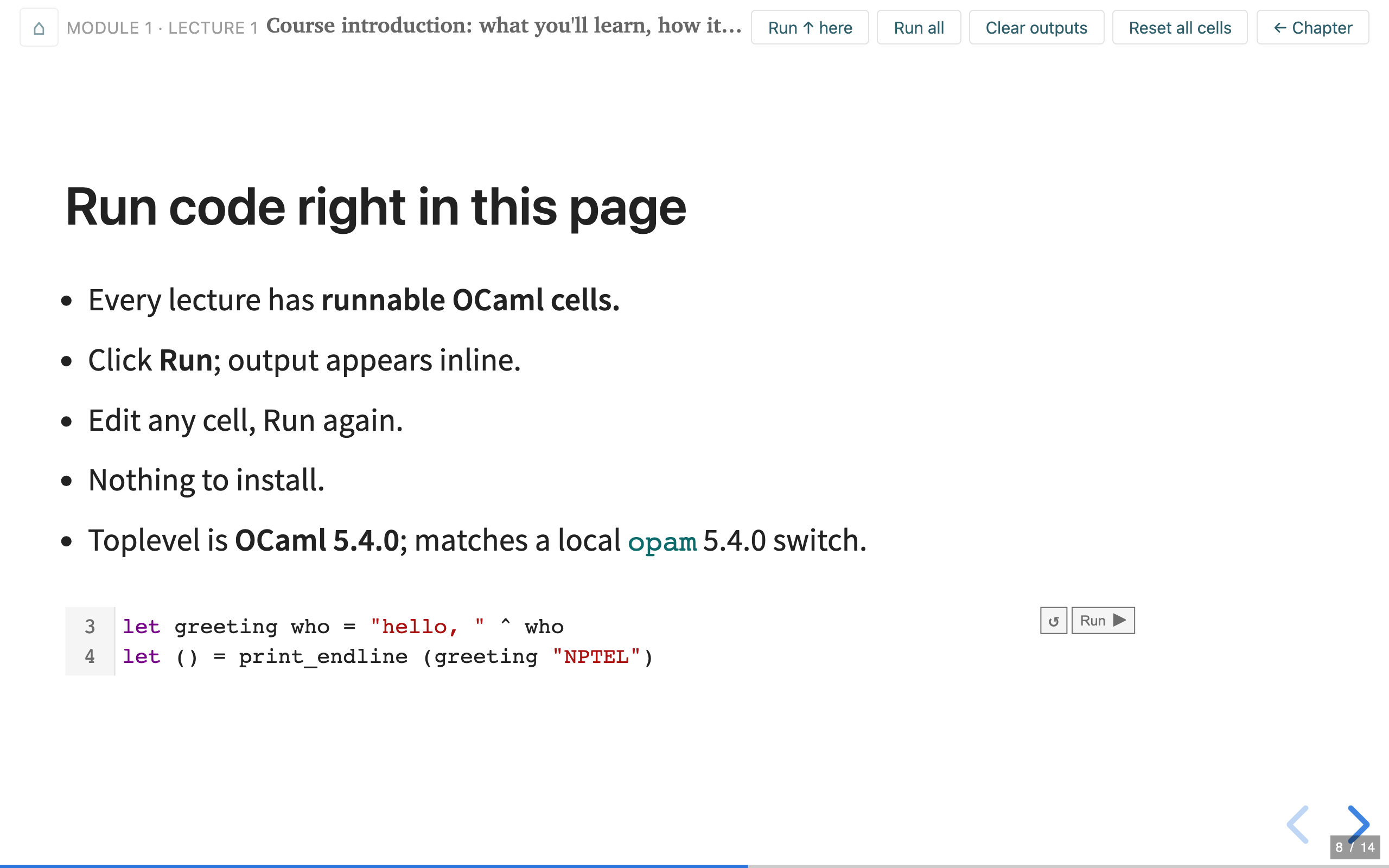 A lecture slide in the deck view, with bullet points and a runnable OCaml cell complete with a Run button embedded on the slide itself